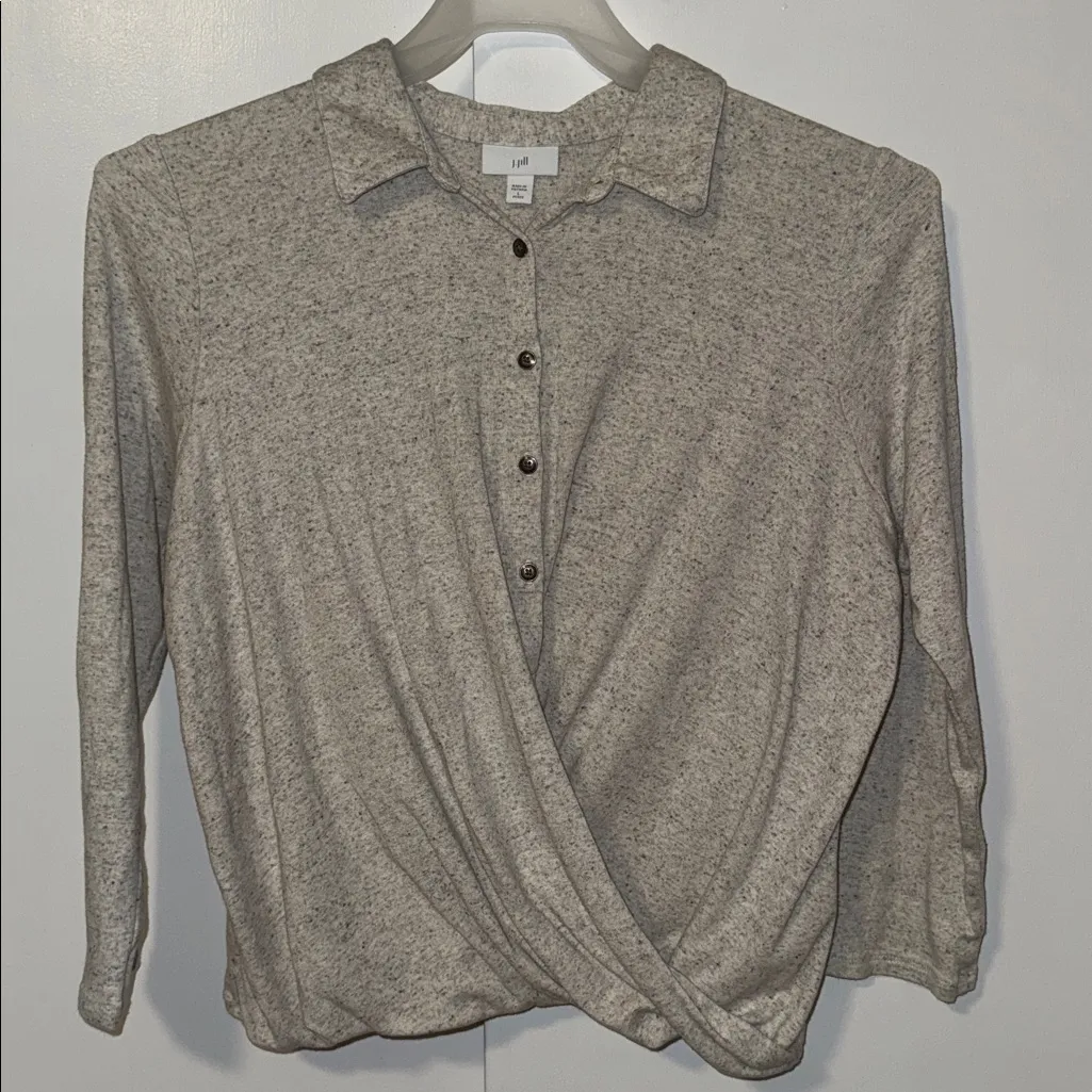 JJill Twist Top Supima Cotton Overlap Shirt Women’s L Large Petite Gray Heather Size undefined - Image 2