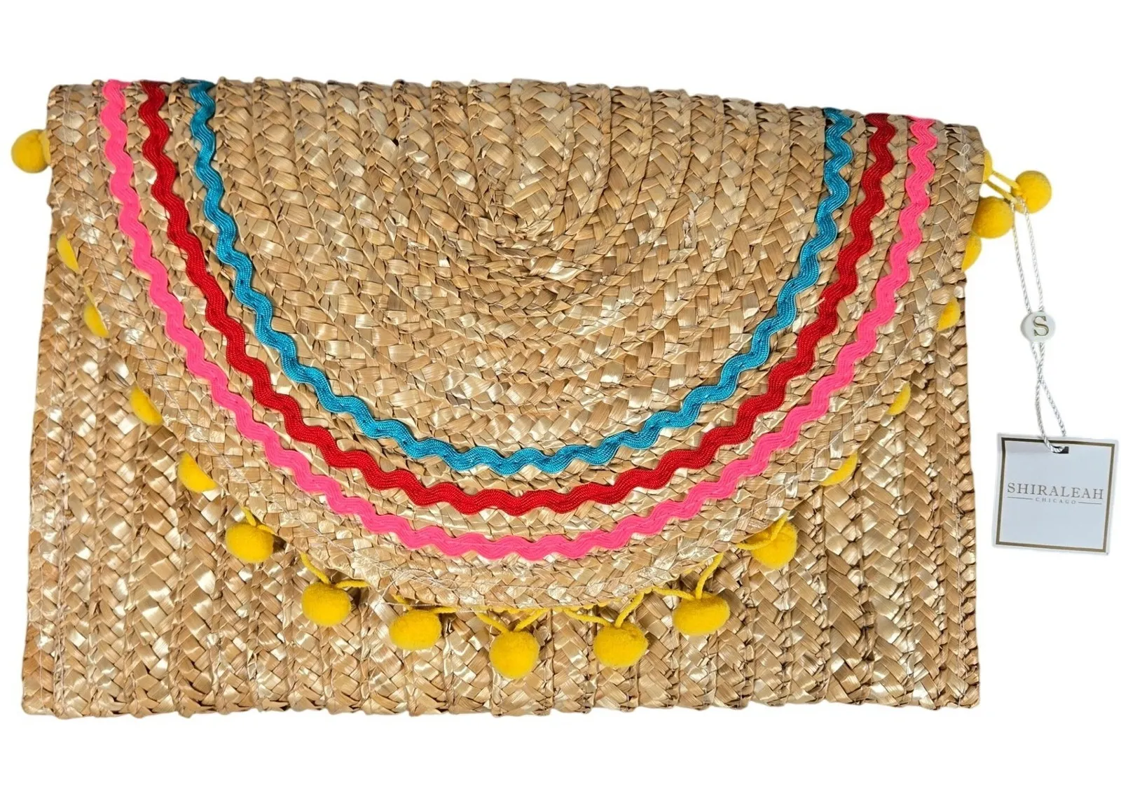 Shiraleah Chicago Lourdess Clutch Straw Pom Pom Trim Multicolor NWT - Image 1