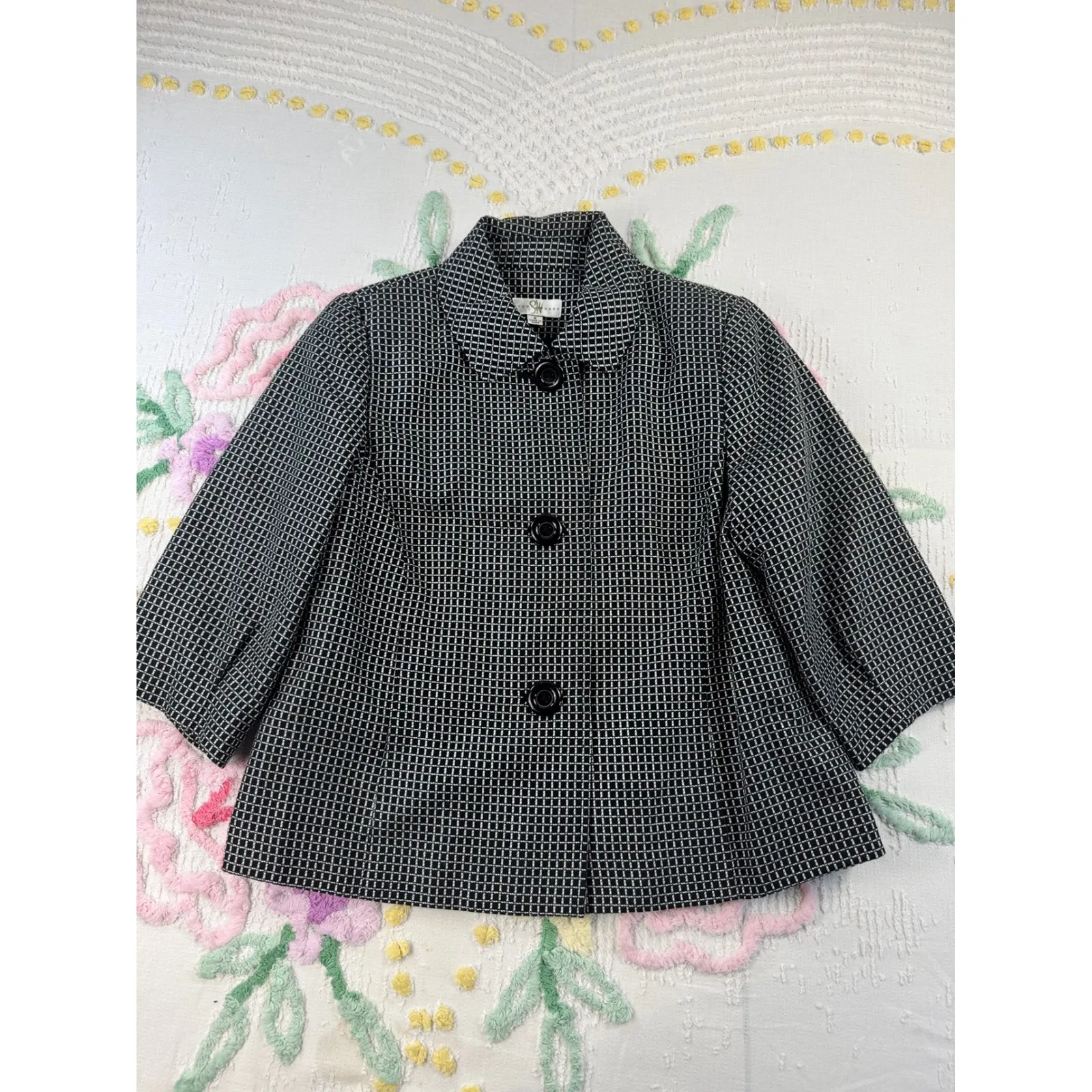 Studio Works Black White Geometric Print Collar Neck 3 Button Cropped Jacket S - Image 2