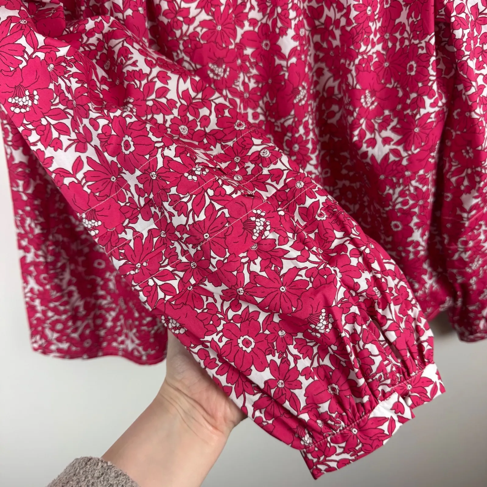 J Crew Button Front Ruffle Neck Popover Blouse Sz Large Blushing‎ Meadow Poplin - Image 3