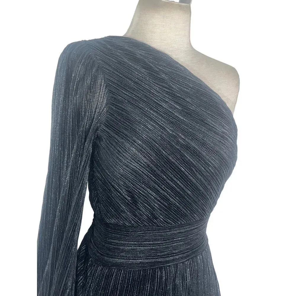 Saylor Alora Dress in Black Metallic Womens Plisse One Shoulder Midi - Image 7
