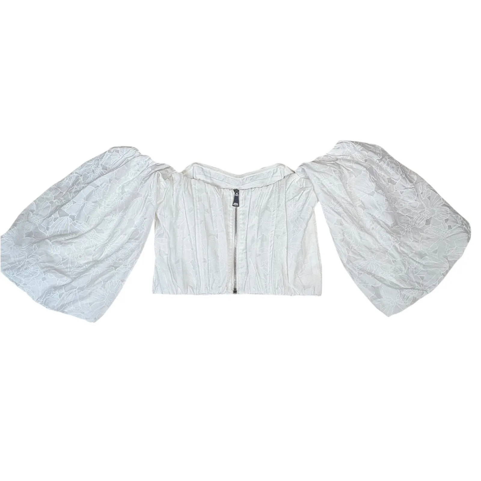 SNT White Floral Puff Sleeve Corset Top Romantic Cottagecore Sweetheart Crop Size XS - Image 4