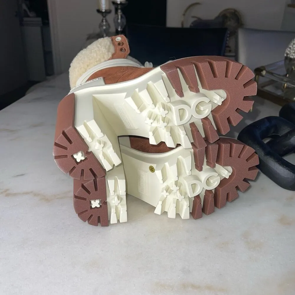 New Dolce & Gabbana Trekking Shearling Biker Ankle Boots in Burnt Brown/Neutral - Image 11