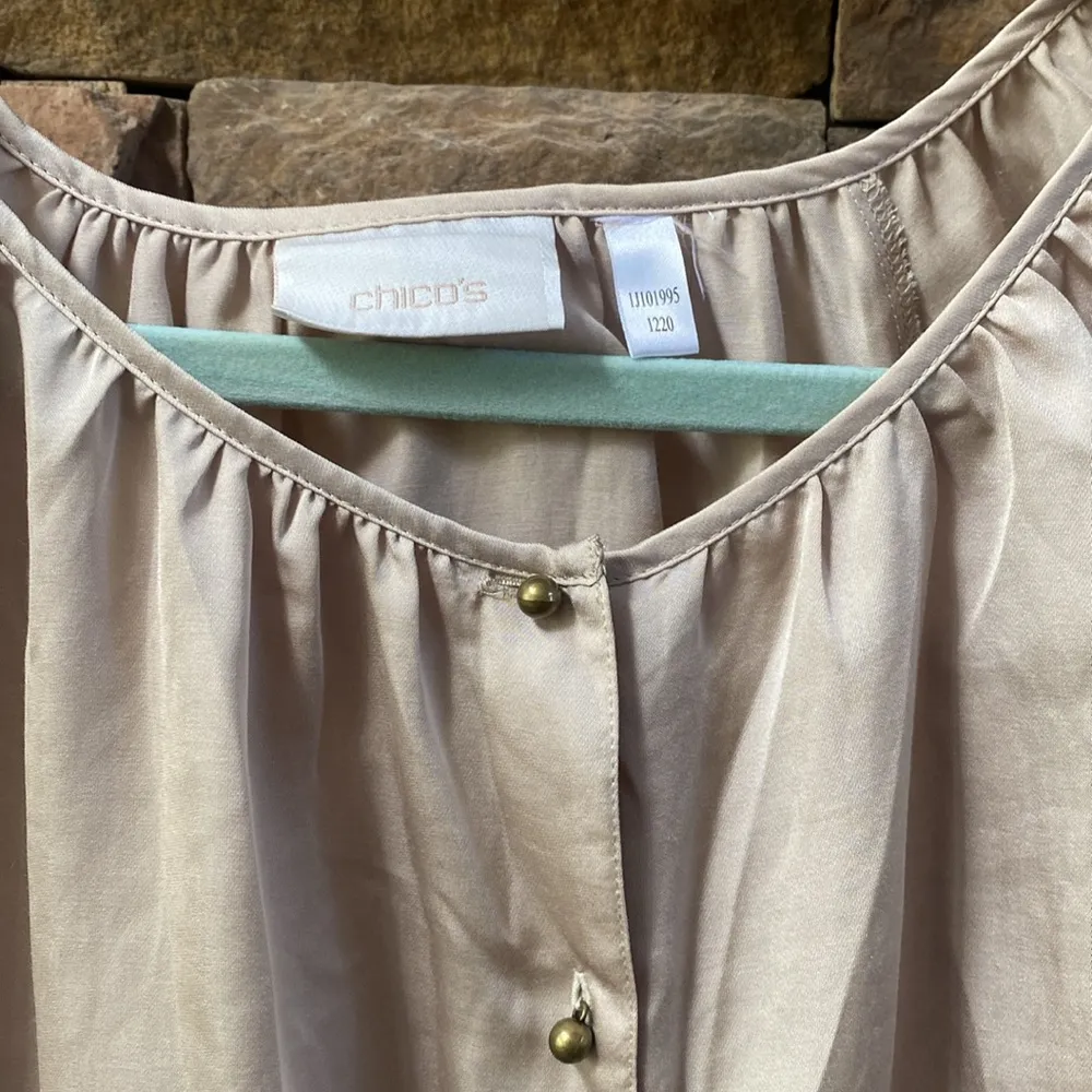 Chico’s satin khaki gold button front blouse size 2 Medium - Image 2