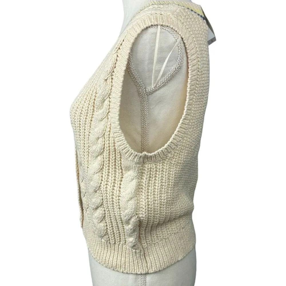 American Eagle Sweater Vest Size M Button Up Cable Knit Cream Striped NEW - Image 4