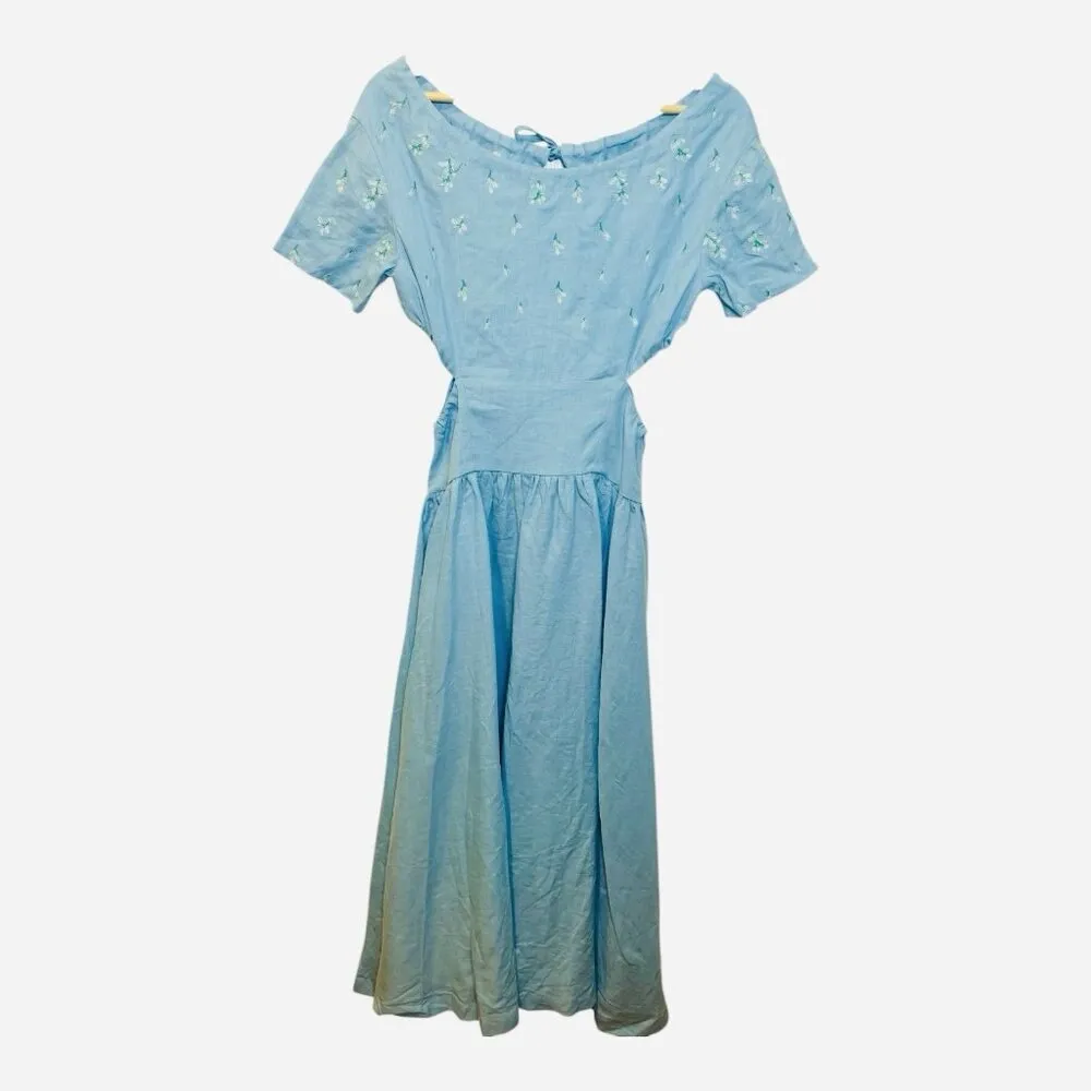 Fanm Mon Tucce Linen Midi Dress Small Baltic Sea Blue Open Sides Keyhole Back - Image 5