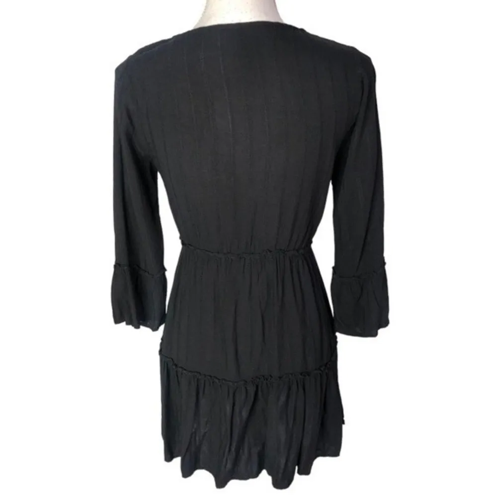 Sky & Sparrow Black Striped Tiered Ruffled 3/4 Sleeve Mini Dress - Image 86