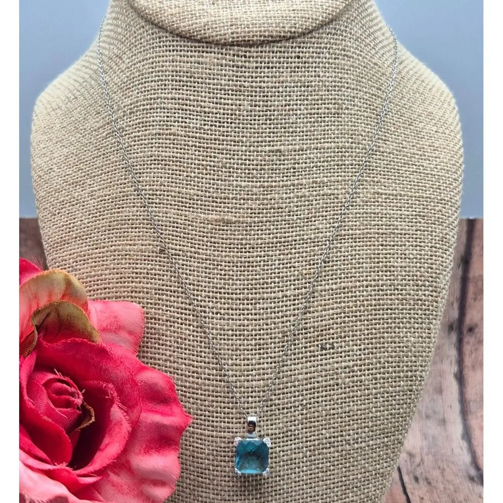 FAS Sterling Pendant Necklace Dainty Chain Drop Pendant Ice Blue Faceted Crystal Silver - Image 3