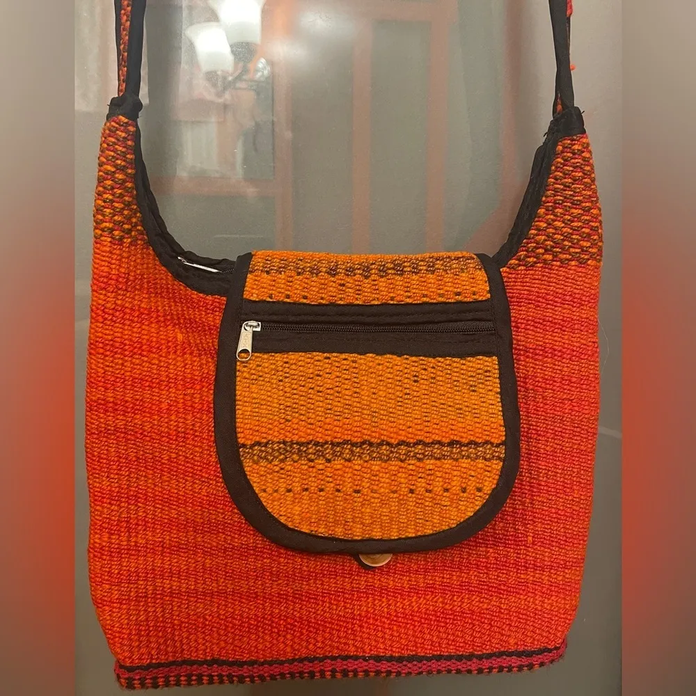 Peruvian Native Shoulder Crossbody Handbag Manta Woven Fabric Gypsy Tribal Orange - Image 2