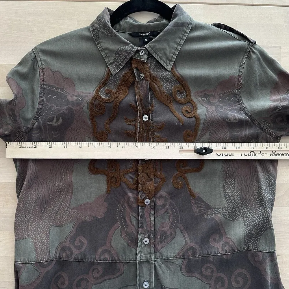 Desigual Dress Womens Medium Boho Military Embroidered Woodland Fairy Earthy - Image 14