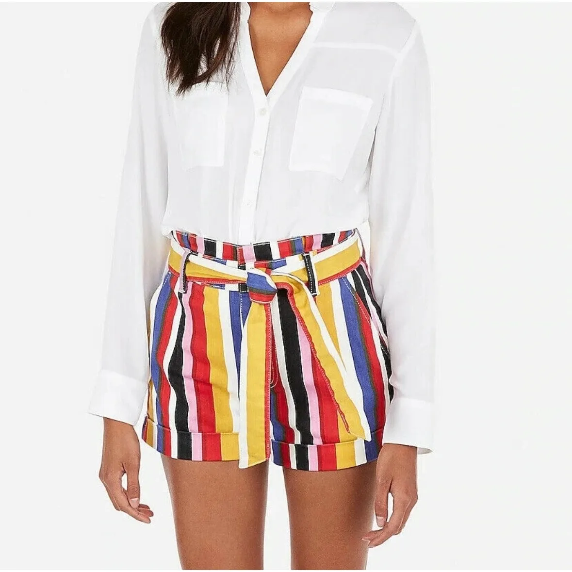 Express Multicolor Striped Tie Waist Extreme High Rise Shortie Shorts Size 4 - Image 10