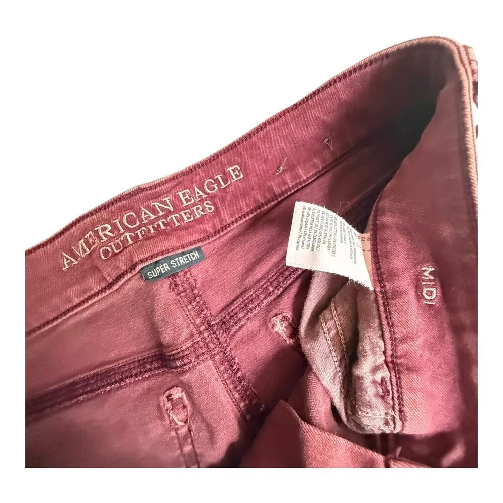 VTG American Eagle Women's SZ 8 MIDI SHORTS Denim Twill Burgundy Super Stretch - Image 3