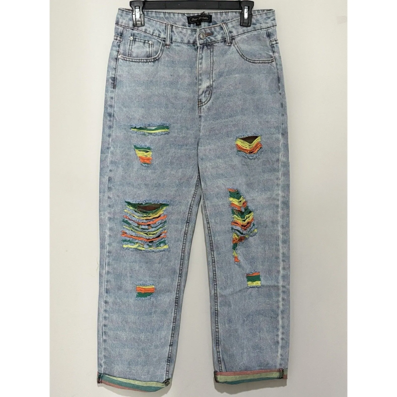Shop Michella Women High Waisted Distressed Colorful Light Wash Denim Jeans Sz L Blue - Image 5
