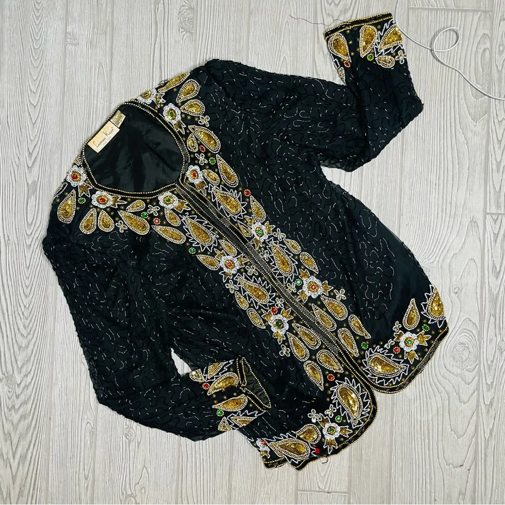Dead stock vintage Laurence kazar beaded sequin jacket & short sleeve top shirt - Image 3