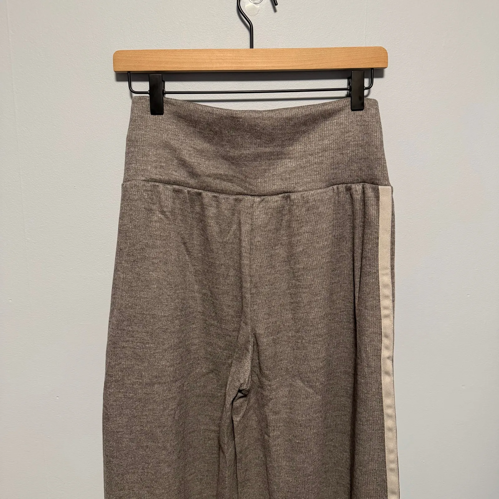 Ribbed High Waisted Tummy Control Drawstring Wide Leg Color Block Fleece Trouser - Image 5