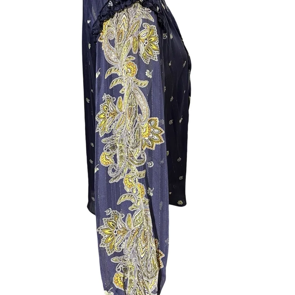 Anthropologie Fig Flower Womens Peasant Top Size L Cottage Dark Fairy Whimsical Blue Size L - Image 6