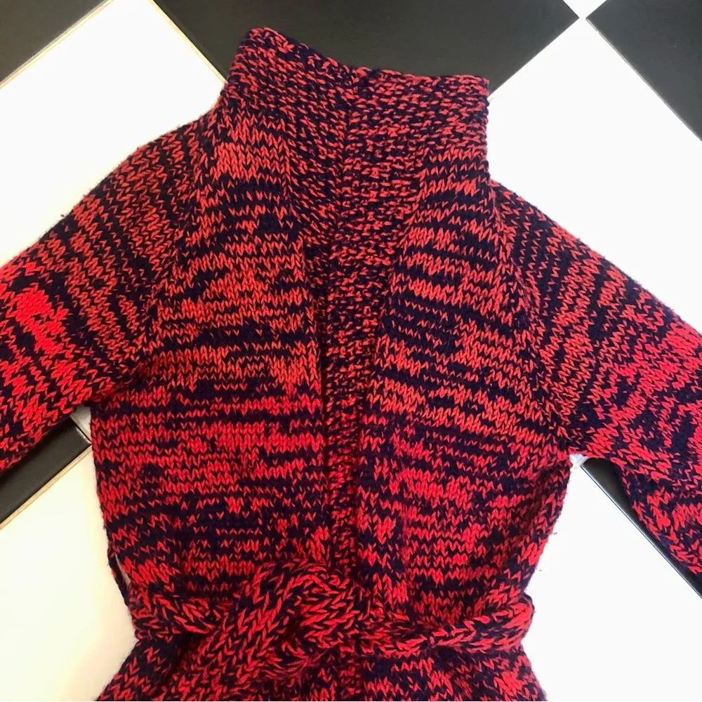 Vintage Handmade Belted Open Sweater Duster Hand Knit Red Orange Navy Crochet ~M Size M - Image 3