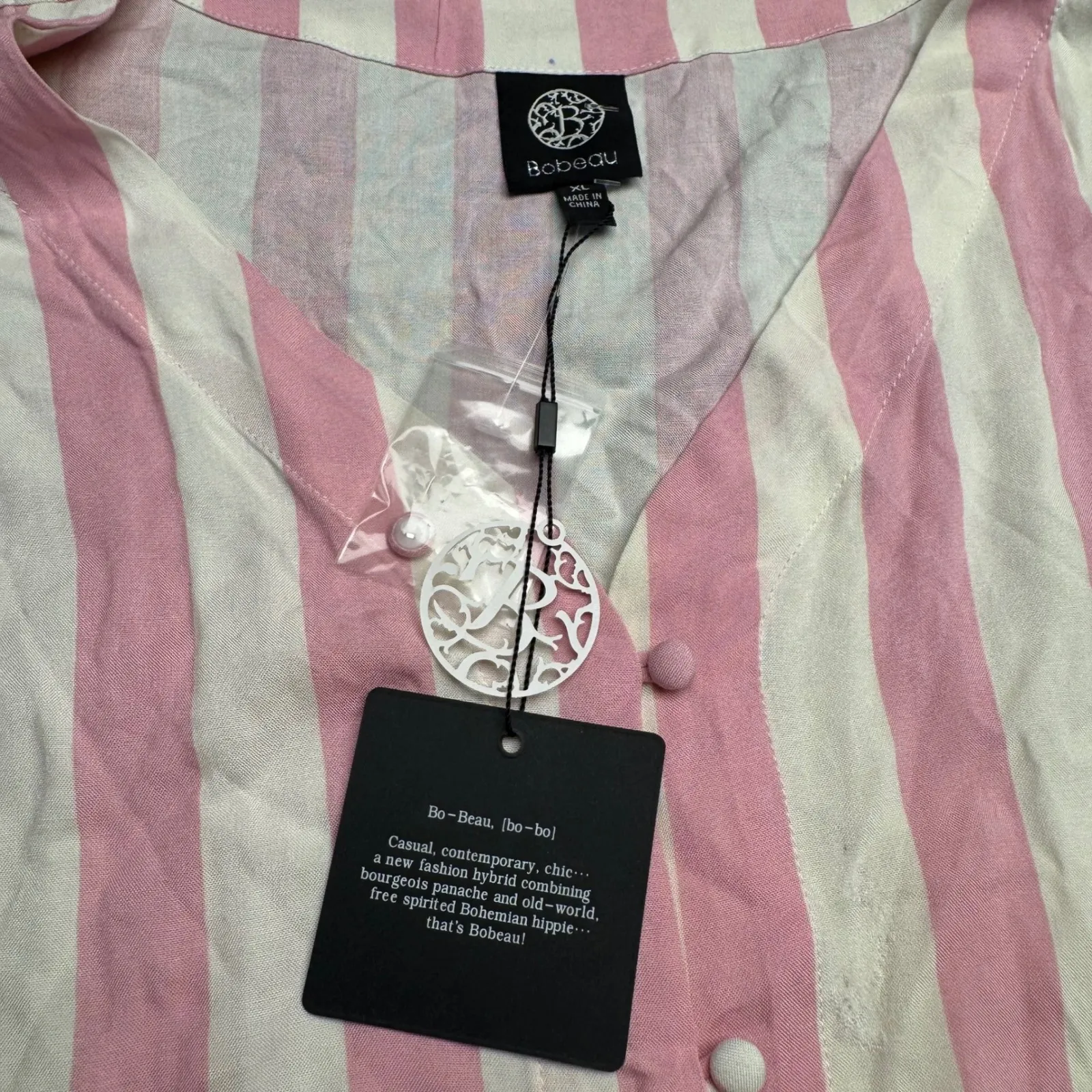 BoBeau Pink White Stripe V Neck Short Sleeve Tie Front Shirt Top XL - Image 3