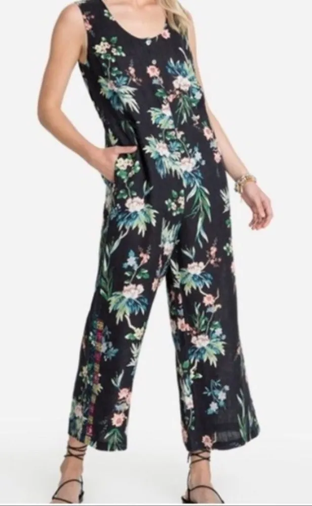 Johnny Was Sz S Tall Black Floral Linen Tank Jumpsuit Button Down Hand Pockets - Image 1