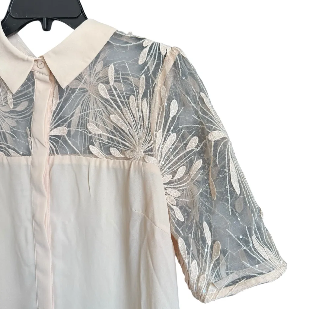 Lulu's Cream Embroidered Floral Lace Sequined Button Down Blouse Size Large - Image 4