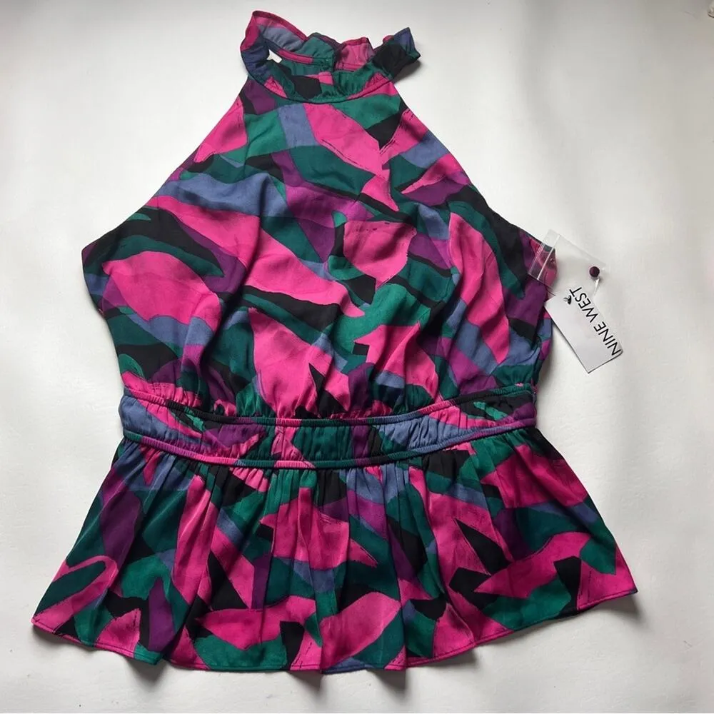 Nine West Women’s High Neck Floral Prism Elastic Waist Peplum Style Blouse Sz L - Image 7