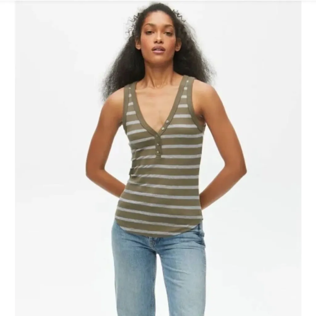 Michael Stars Green Striped Henley Cotton Luna Tank Top Size XS‎ - Image 6