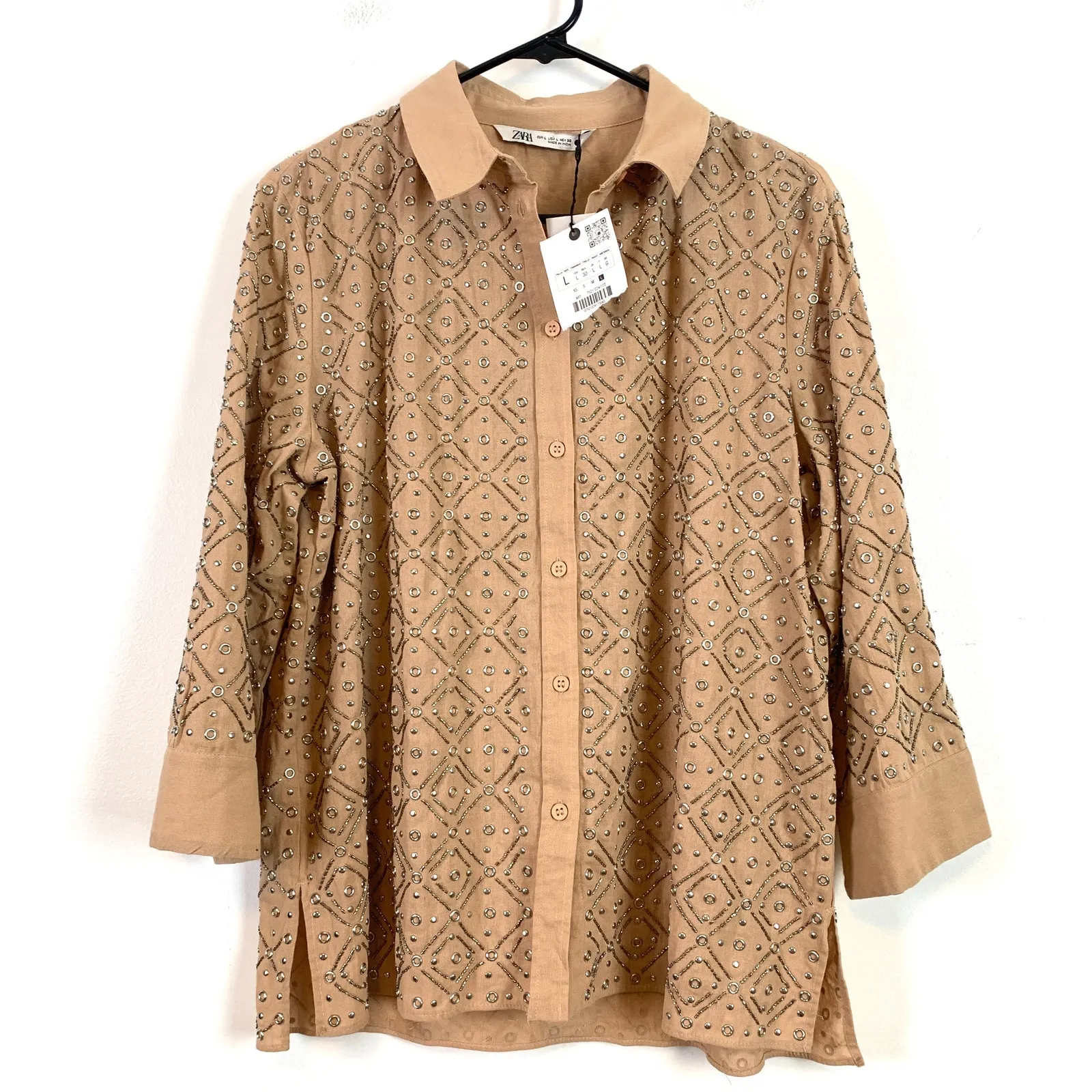 NWT SET Zara Beaded Embroidery Grommet Shirt Relaxed Short Two Piece Size L/XL - Image 9