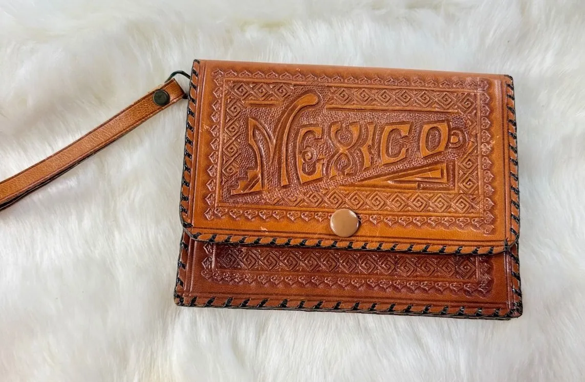 Vintage Tooled Leather Clutch Wallet MEXICO Wrist Strap Brown Snap Closure - Image 1