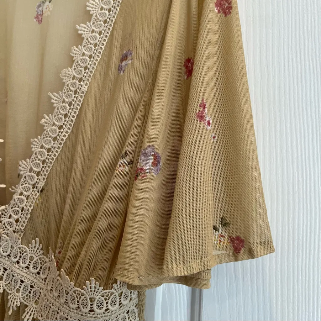 Gypsy Cottagecore Romantic Sheer Wrap Robe Cardigan Large Lace Feminine Dainty Tan - Image 4