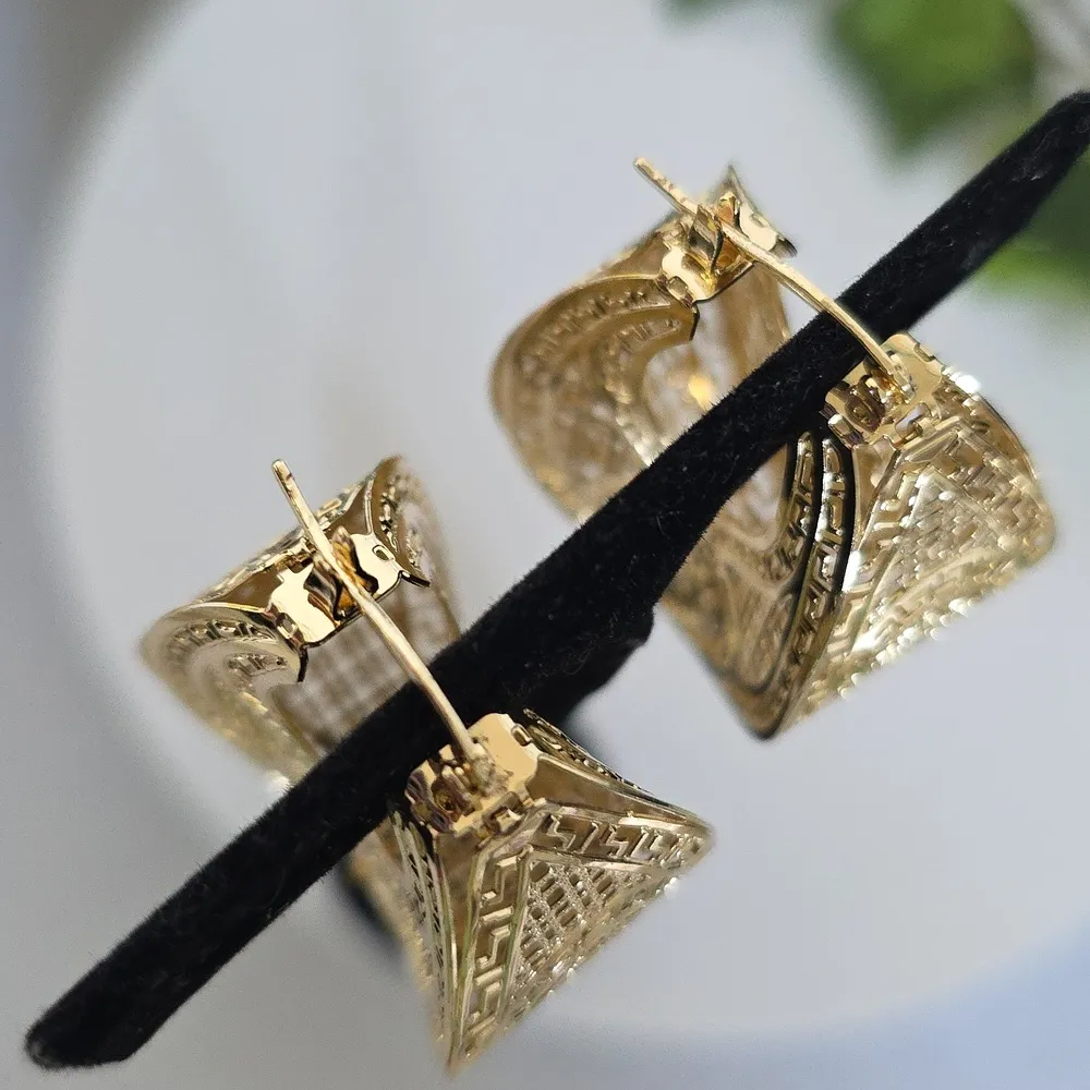 Gold Mesh Basket Hoop Earrings Greek Key Medusa Design - Image 5