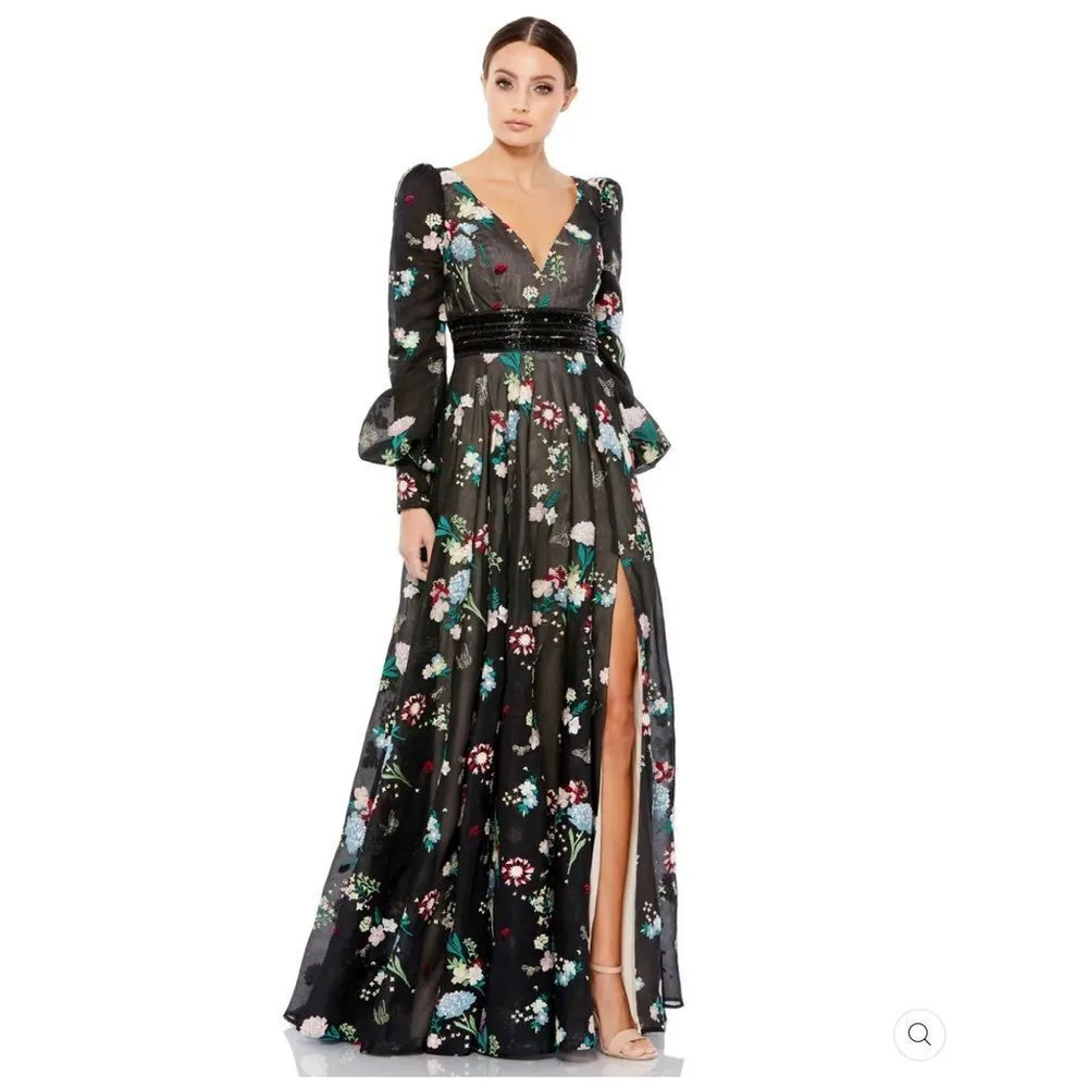 NWOT Mac Duggal 79361 EMBROIDERED BISHOP SLEEVE V NECK FLOWY GOWN Black Size 4 - Image 3