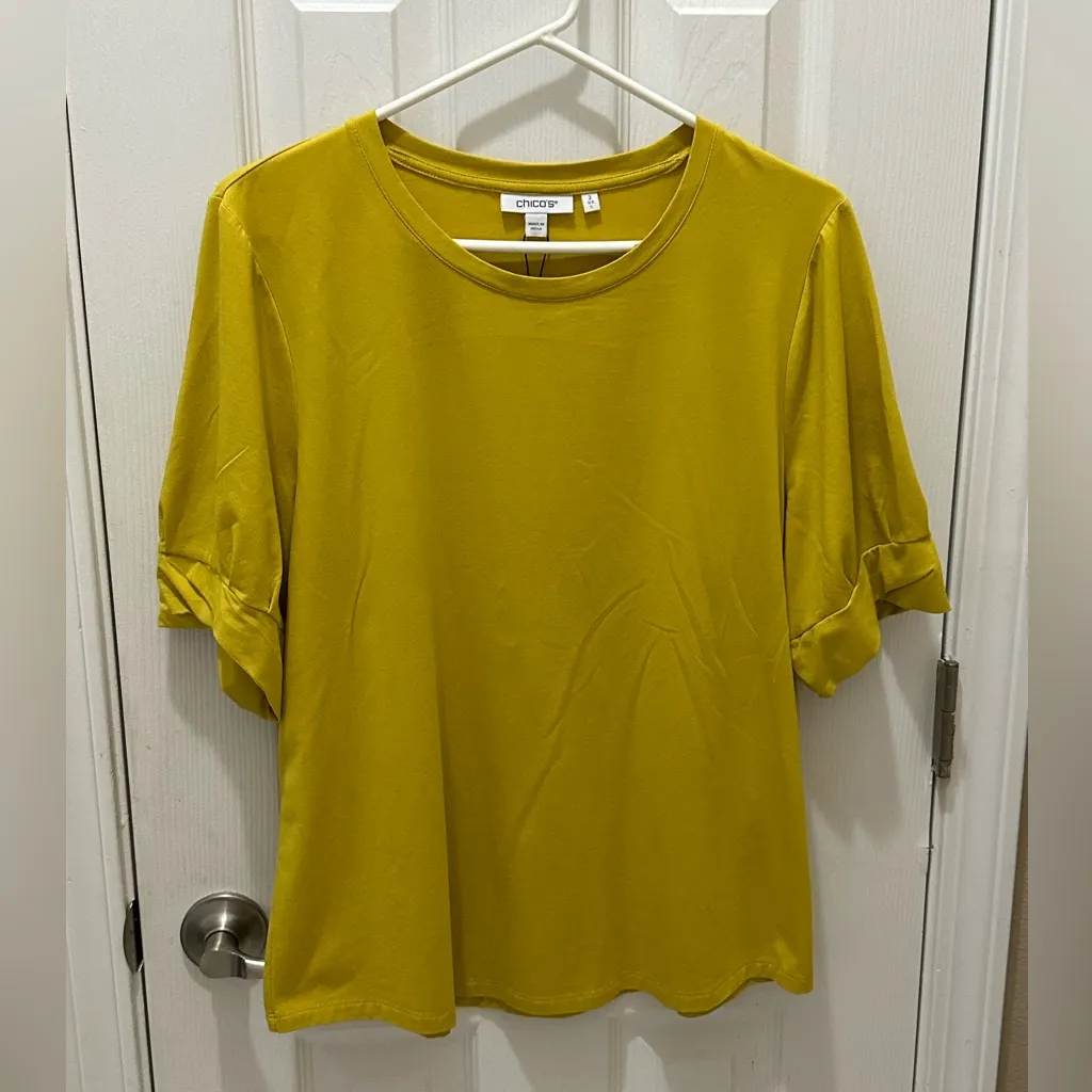 CHICO’S Touch of Cool™ Pleated Roll Cuff T-shirt citron yellow NWT Large - Image 4