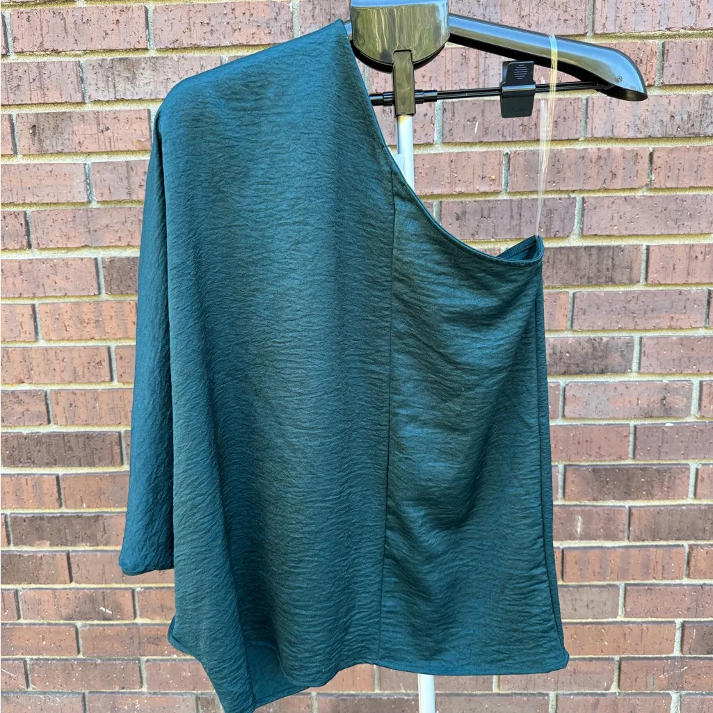 Entro One Shoulder Drape Top Poncho Blouse Dark Forest Green Size Medium New - Image 3