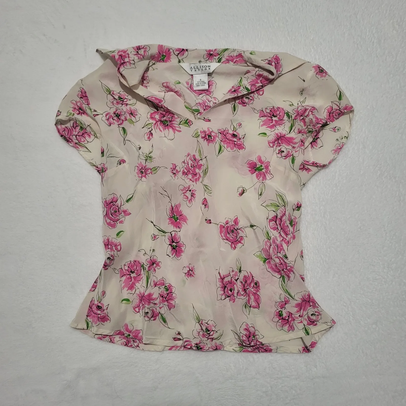 Vintage Allison Taylor Women's 90s Floral Silk Shirt Short Sleeve V Neck Size S - Image 3