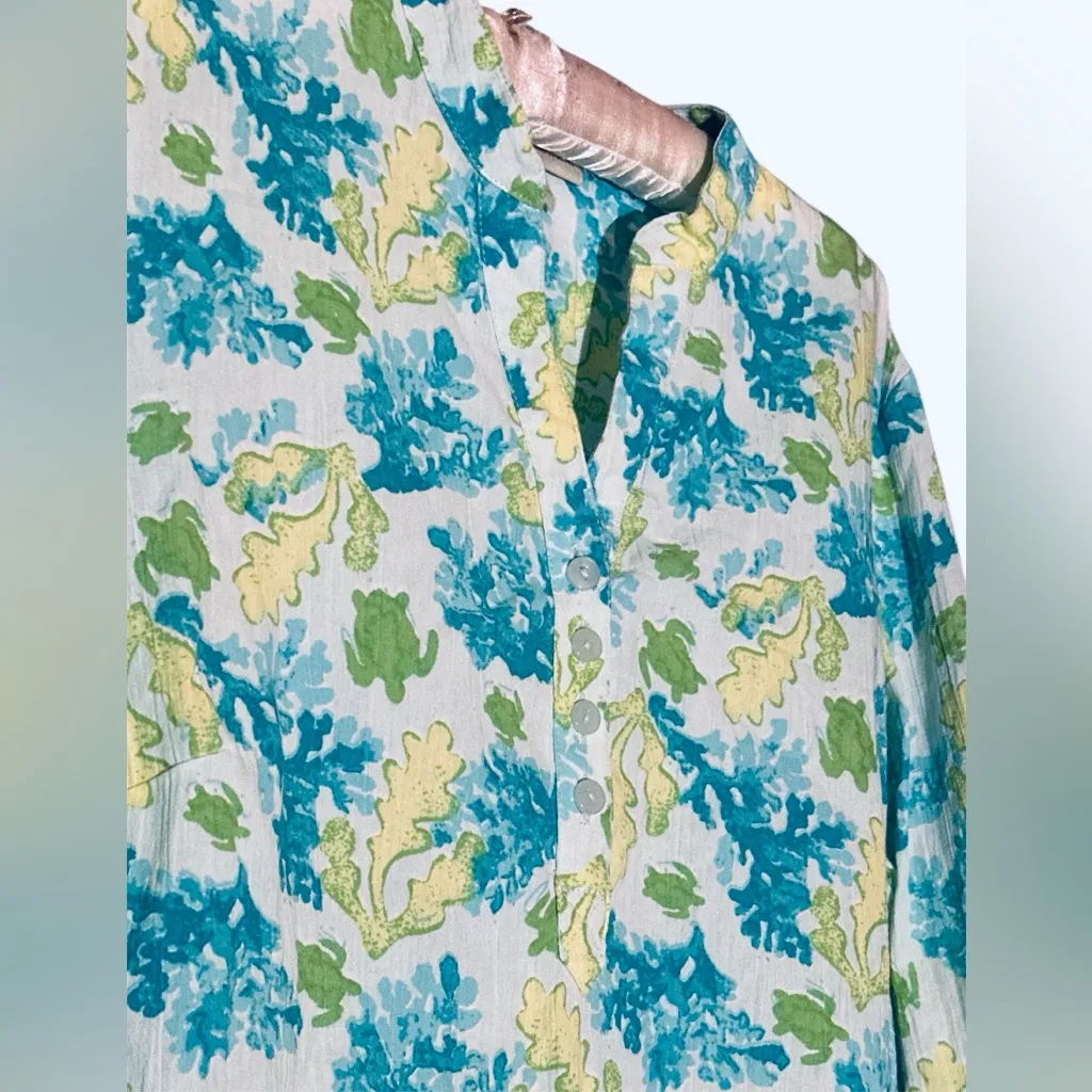 AppleseedsNWOT cotton blousetunic Sea turtles seaweed tropical vacay cruise SzS Blue - Image 3