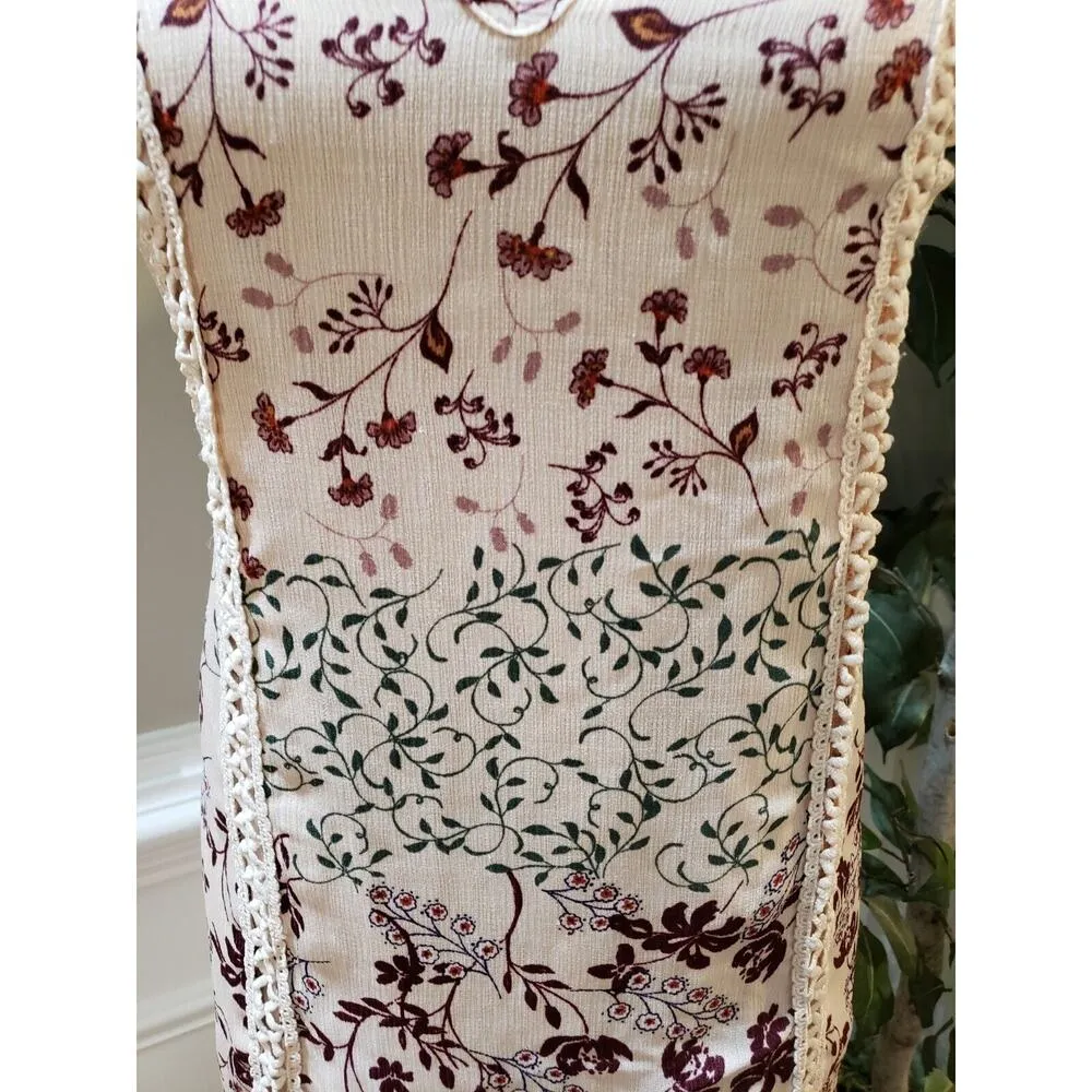 Womens Beige Floral Pleated Lace Trim V Neck Sleeveless Knee Length Dress Medium - Image 3