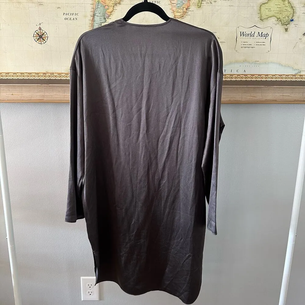 Vince Silk Satin Long Sleeve V-Neck Tunic Dress XS Graphite Grey Silver - Image 4