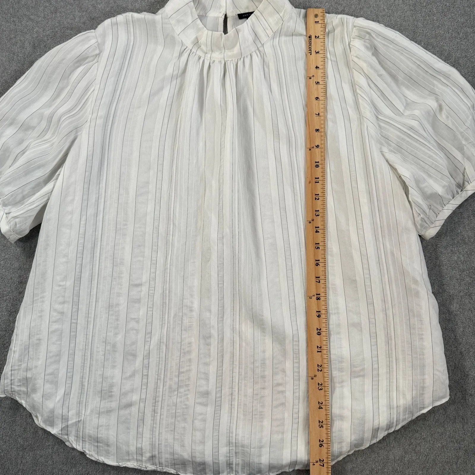Ann Taylor White Stripe Short Sleeve Mock Neck Blouse Women's XXL Pleated Lined - Image 4