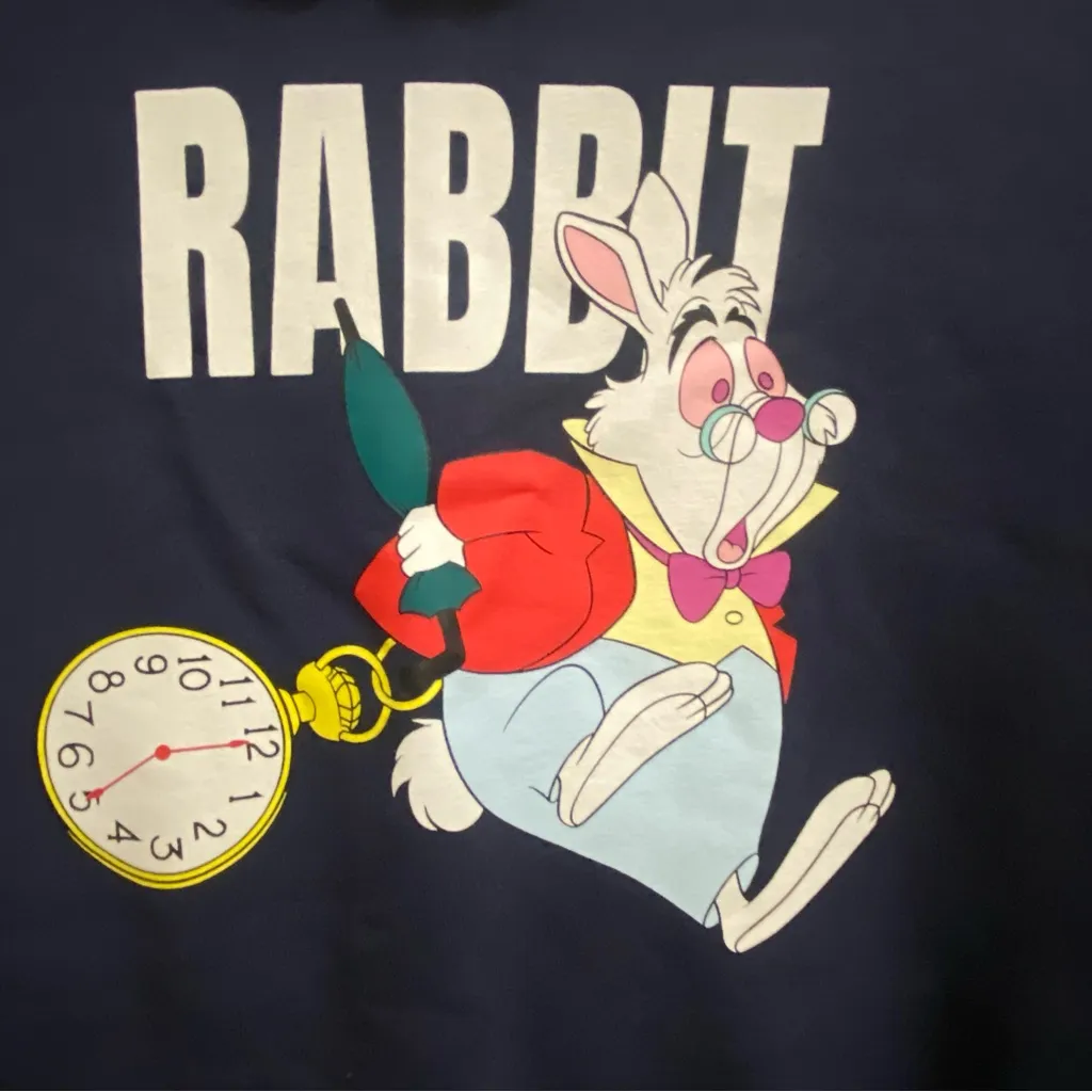 H&M Womens Blue Collared Sweatshirt S Small 42” White Rabbit Alice In Wonderland - Image 2