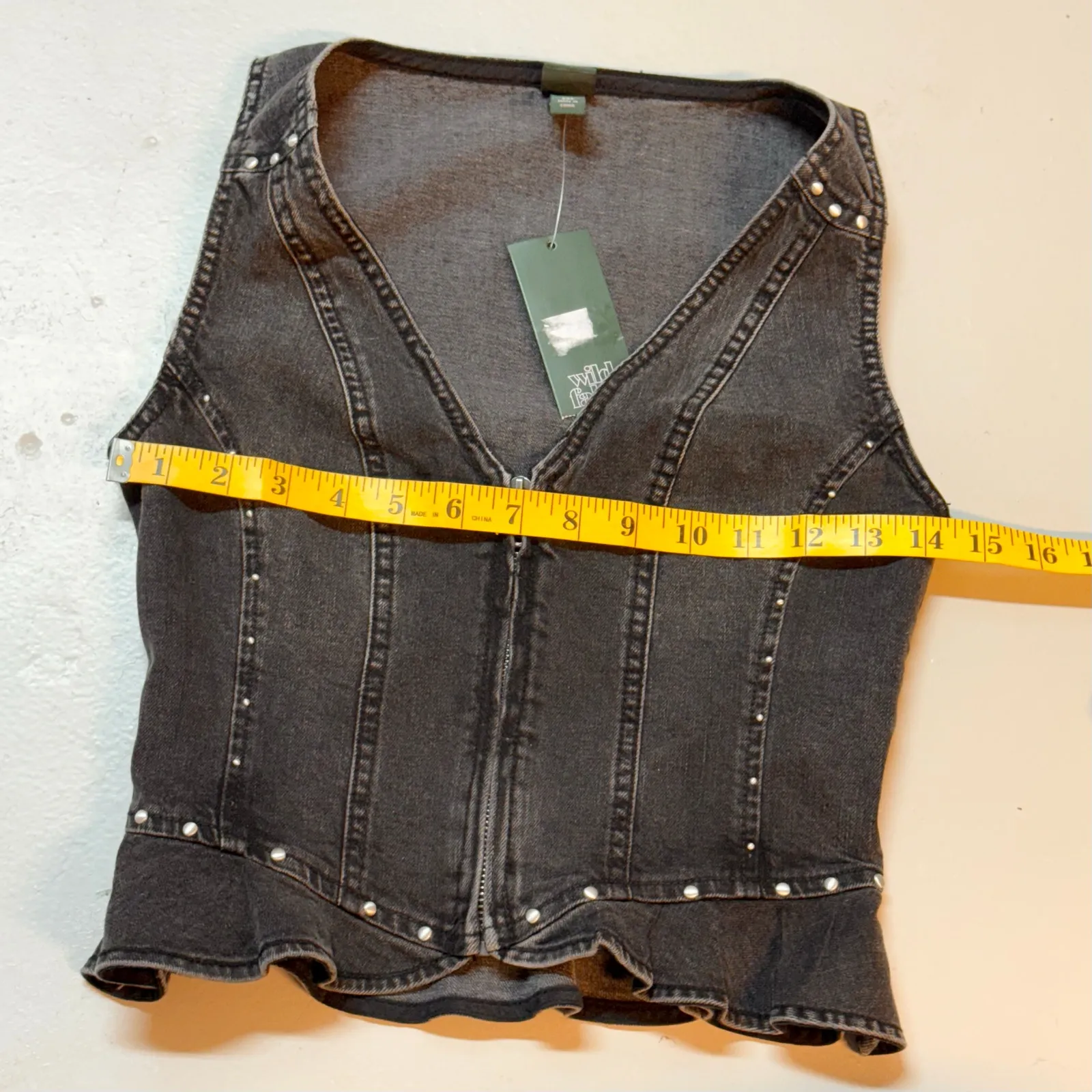 Wild Fable Womens XXS Black Denim Vest Ruffle Studded Zip V-neck Biker Western - Image 2
