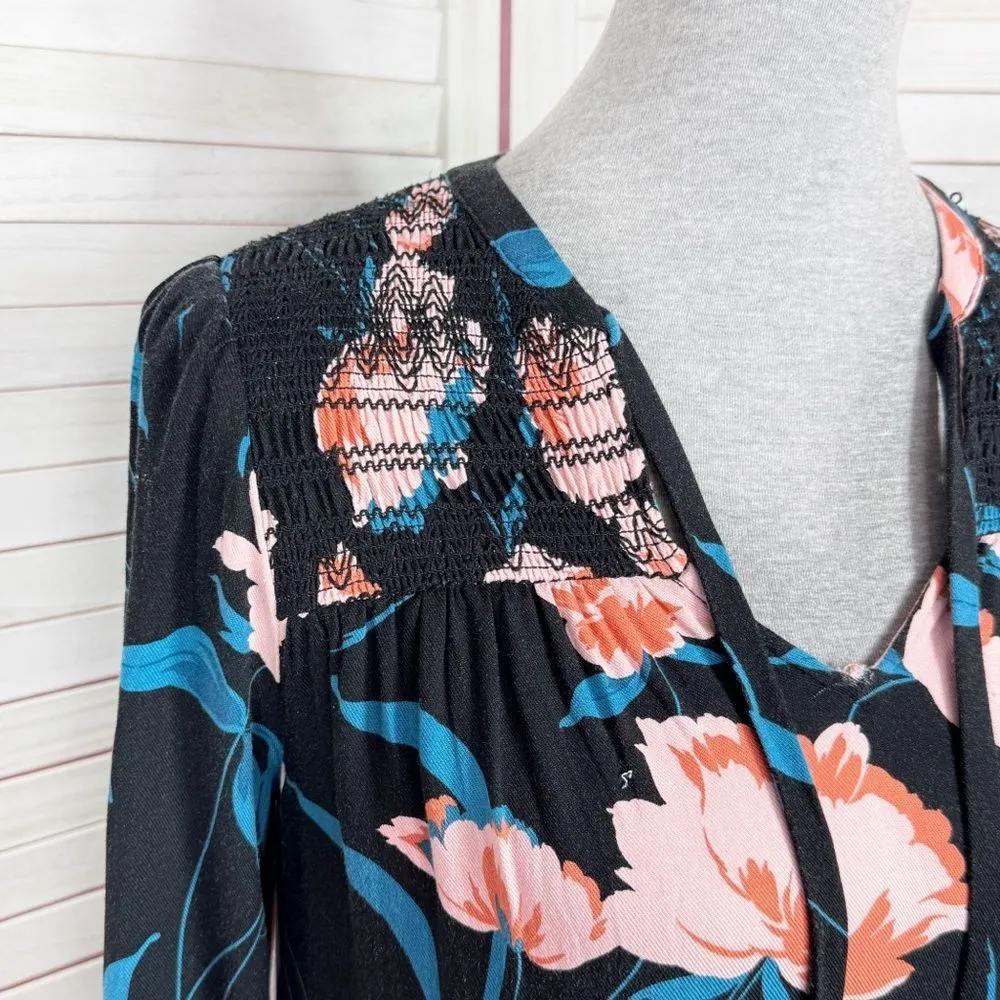 Maeve Anthropologie‎ Ragonda Floral Smocked Shoulder Tunic Shift Dress Black 4 - Image 6