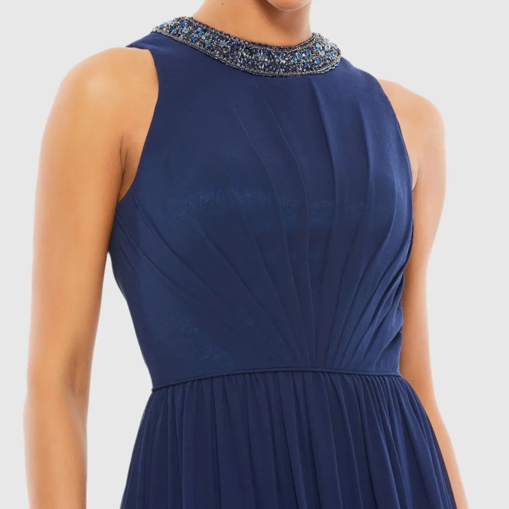 NWT Mac Duggal 55147 Navy Bejeweled Neckline Pleated Chiffon Gown MISMARKED SIZE - Image 4