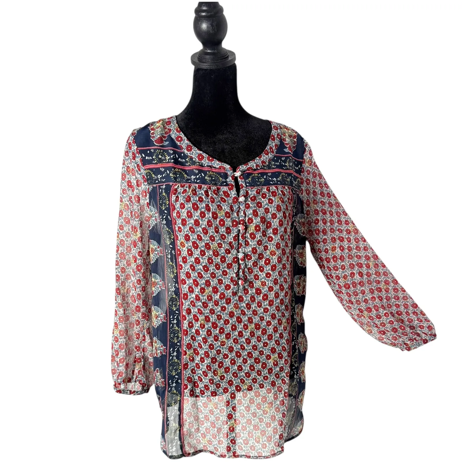 Lucky Brand See Through Top Size S Sheer‎ BOHO Hippie Red Blue Floral Festival - Image 10