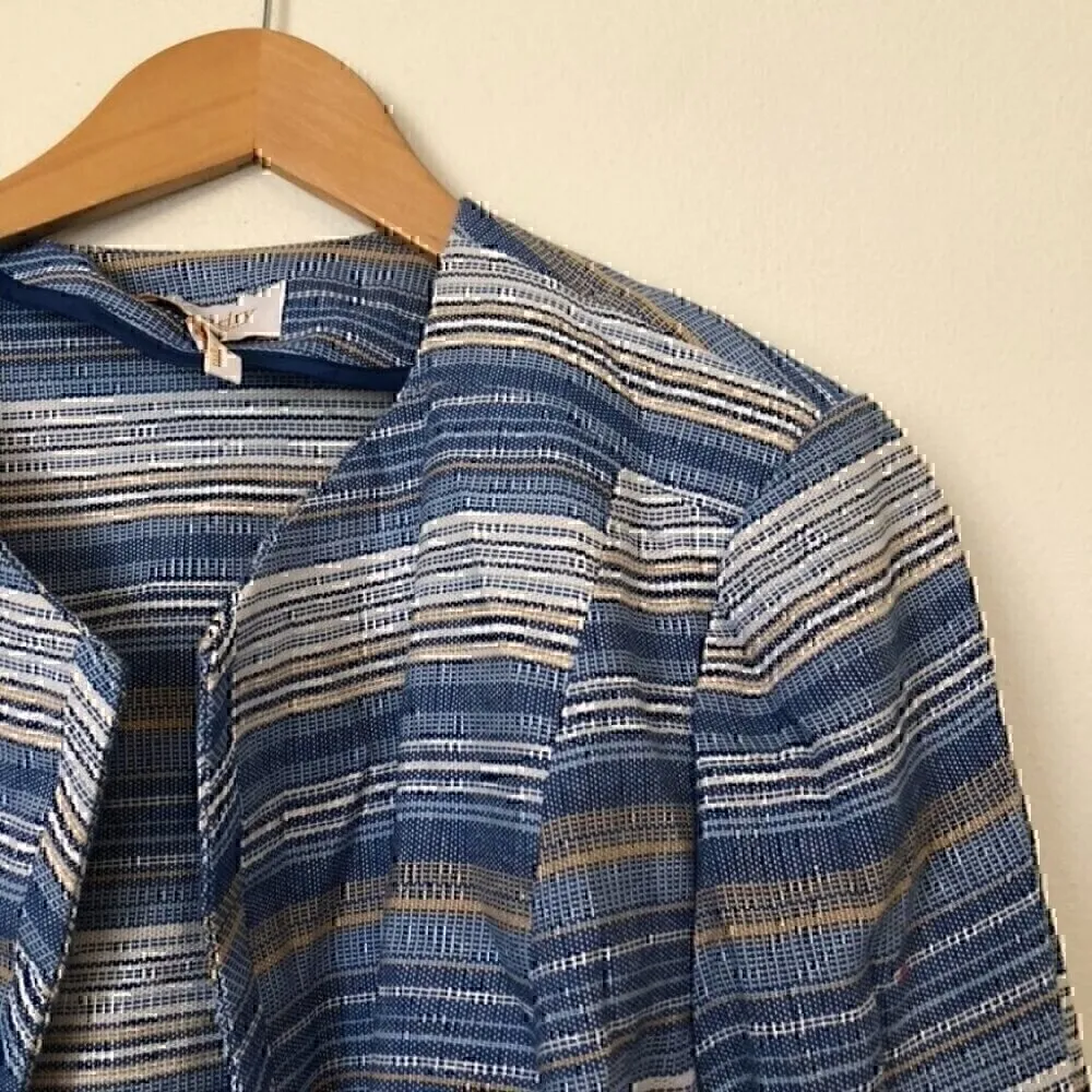 LAUNDRY BY SHELLI SEGAL Blue White Tan Striped Tweed Open Front Blazer Jacket 14 - Image 5