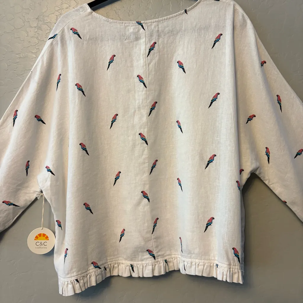 C&C California white linen parrot print dolman ruffle trim blouse large NEW - Image 10