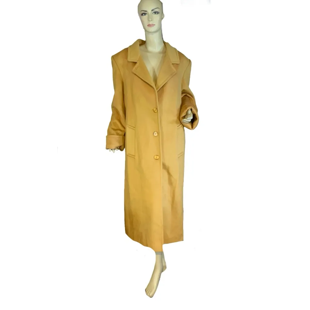 VINTAGE 1990'S ASHLEY SCOTT DARK MUSTARD YELLOW WOOL OVERCOAT (XL) - Image 3