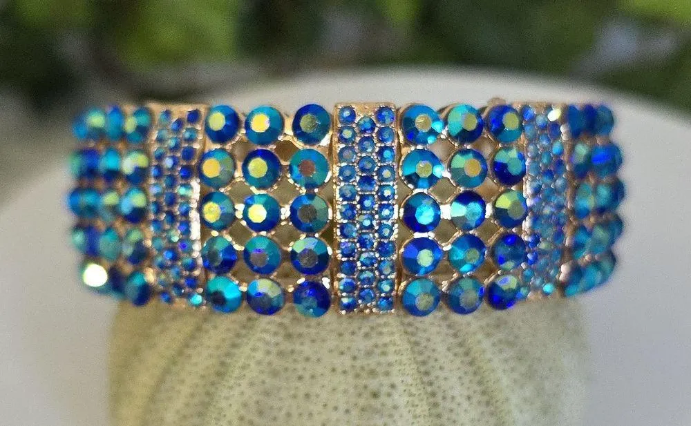 Glam Gold and Blue AB Crystal Stretch Bracelet - Image 2