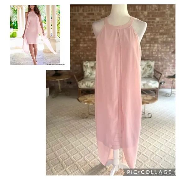 Venus Dress Halter Midi Pink Bandage Pink Chiffon Overlay 18 Cocktail Party Glam - Image 2