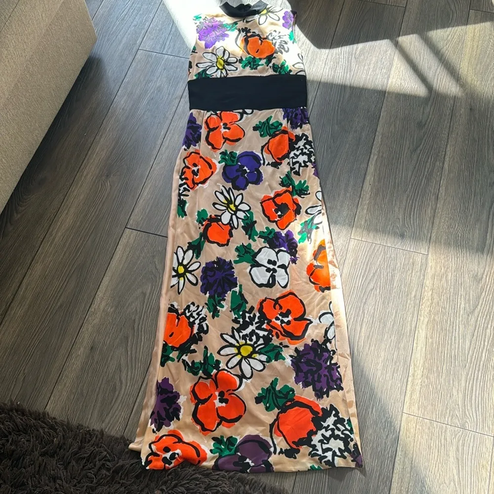 Vintage Floral Mock Neck Dress | 70s Flower Power Hippie Dress Orange - Image 2