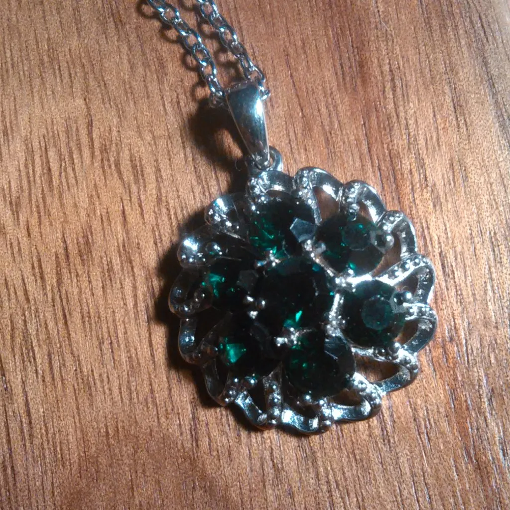 Green Crystal Floral Platinum over Brass Pendant Stainless Steel Necklace - Image 4